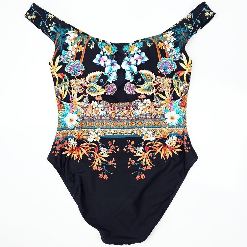 Kenneth Cole Off Shoulder Floral Tropical Stripe One Piece Swim Suit NEW - L - Picture 2 of 11